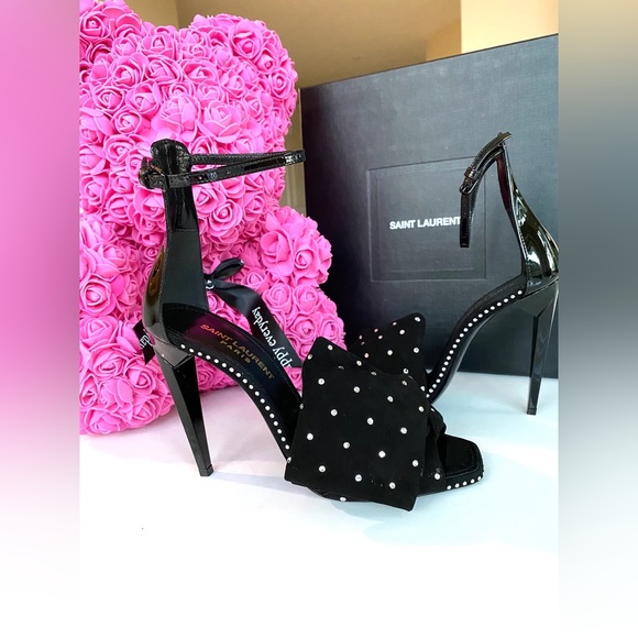 SAINT LAURENT FREJA BLACK SUEDE BOW CRYSTAL STRASS OPEN TOE SANDAL SHOES - Picture 8 of 9
